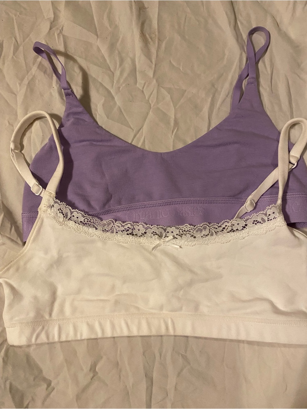 Organic Basics White Lace Bralette & Lavender bralette
